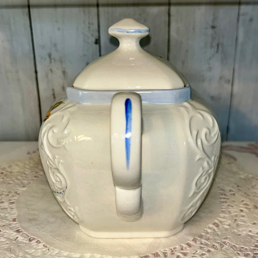 Vtg Ellgreave Ceramic‎ Teapot Hand Painted Butterfly Floral Blue  Cottagecore